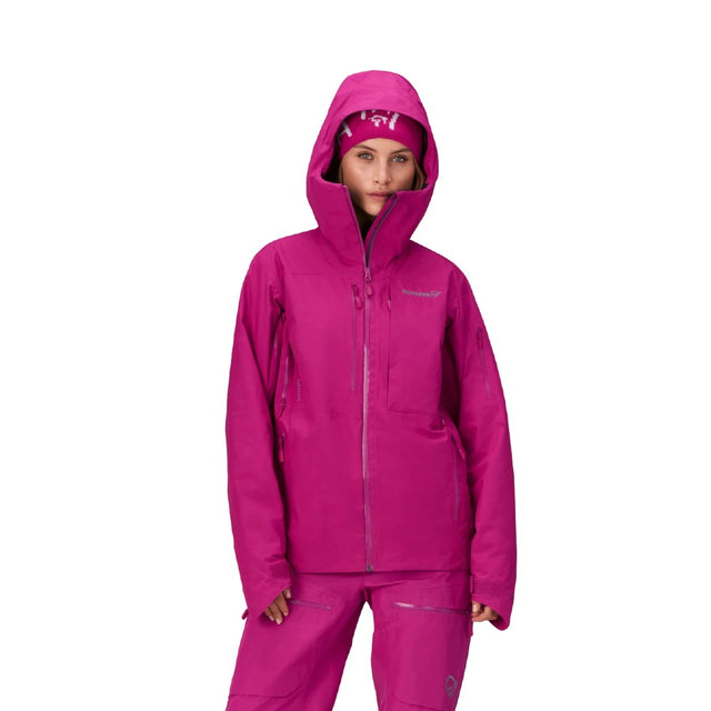 Front on-model view of women's fuschia norrona lofoten Gore-Tex insulated jacket