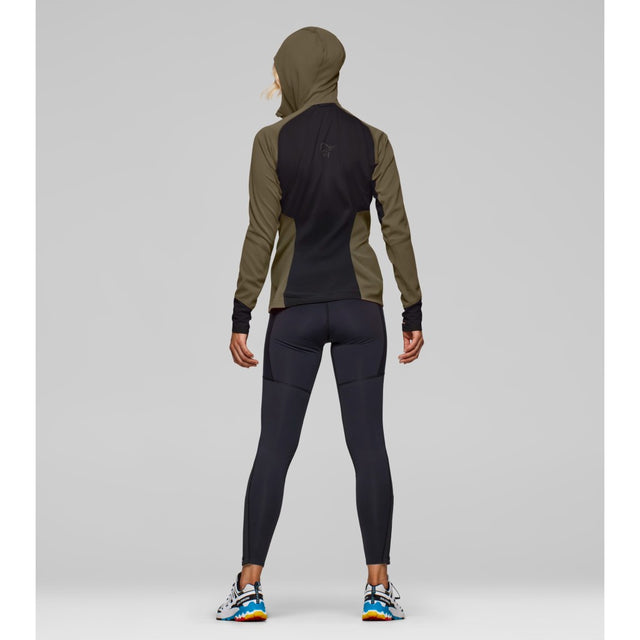 Back on-model view of Norrona Senja Warm1 Hood women's in olive night colour