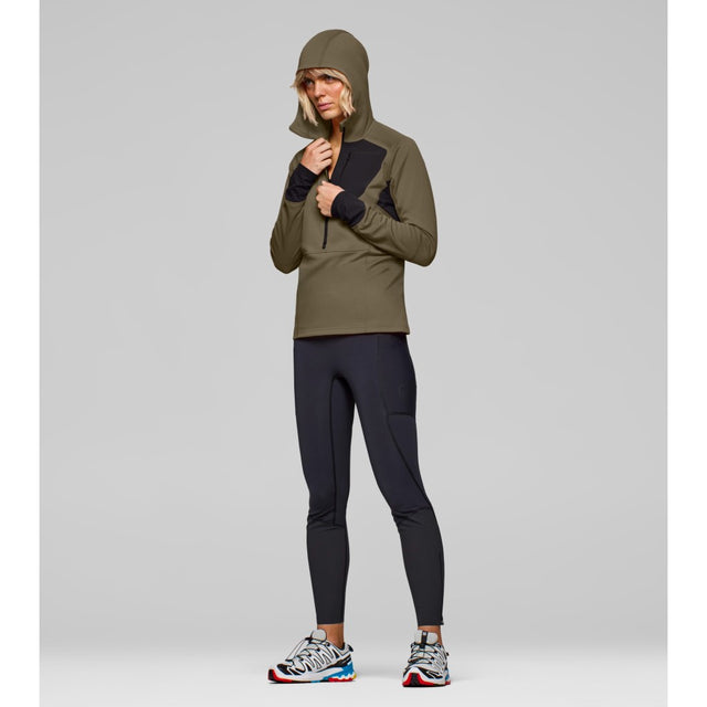 Front on-model view of Norrona Senja Warm1 Hood women's in olive night colour