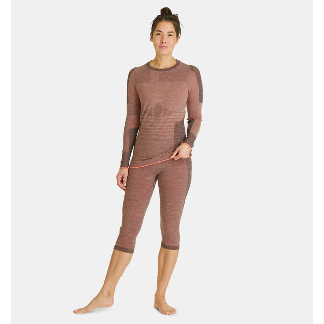 On-model view of women's Ortovox 230 competition long sleeve in 'bloom' colour