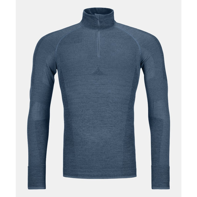 Front view of men's Ortovox 230 competition zip neck long sleeve in blue