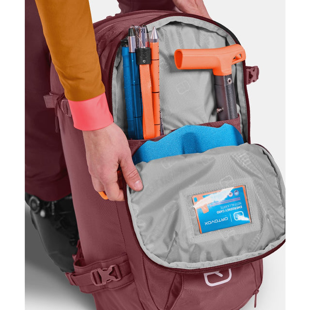 Safety compartment detail of ortovox haute route 30 ski touring pack