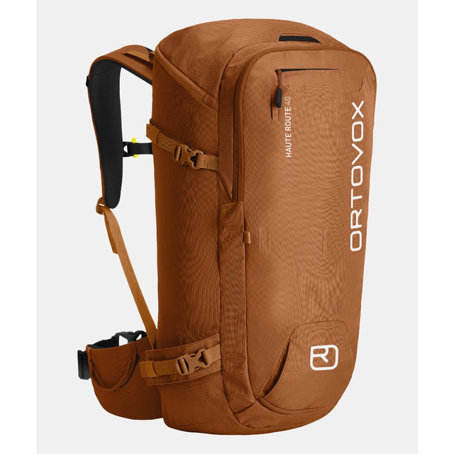 Back view of orange Ortovox Haute Route 40 ski touring pack