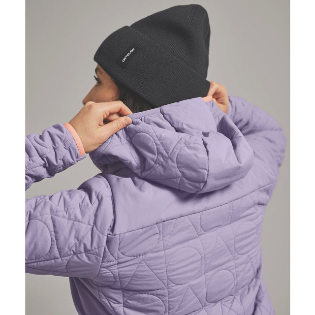 Hood detail of women's lavender Ortovox ravine metawool 90 jacket