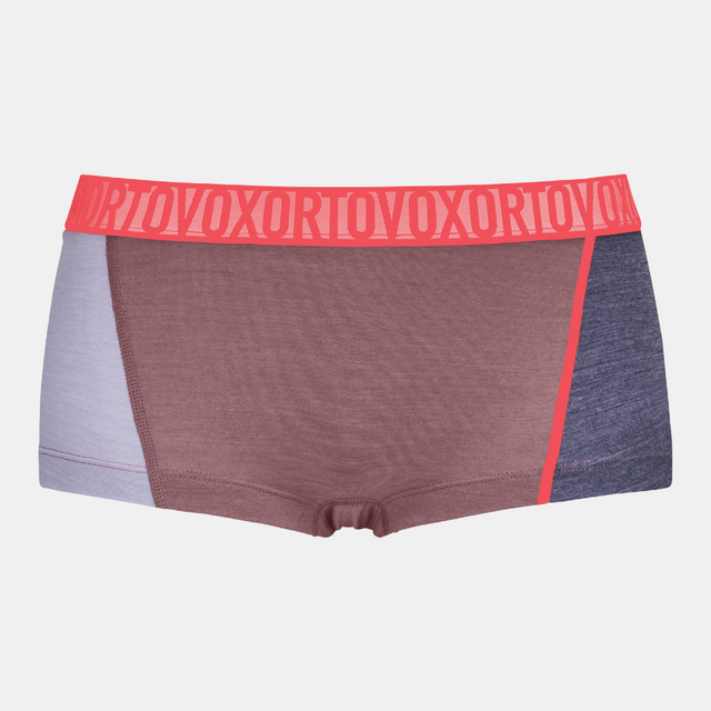 Front view of women's Ortovox 150 Essential Hot Pants in 'mountain rose' colour