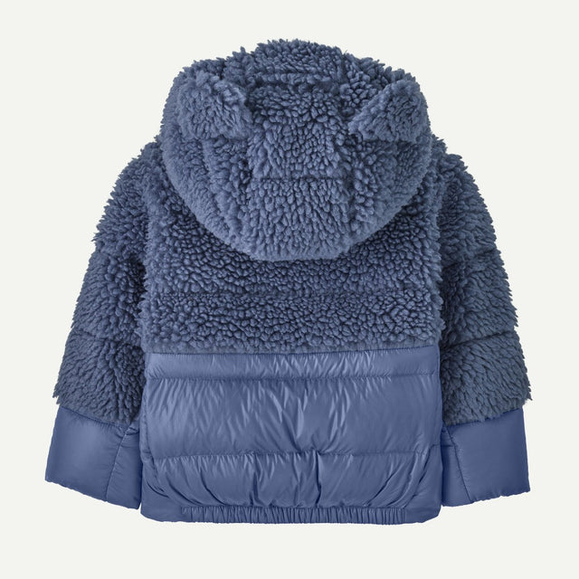 Back view of baby's blue Patagonia Hi-Loft furry friends jacket