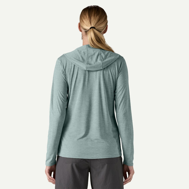 Back on-model view of women's patagonia Capilene Cool Daily Hoody in thermal blue