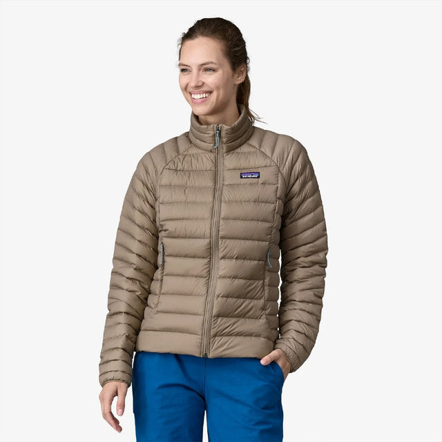 Front on-model view of women's Patagonia Down Sweater jacket in Seabird Grey colour