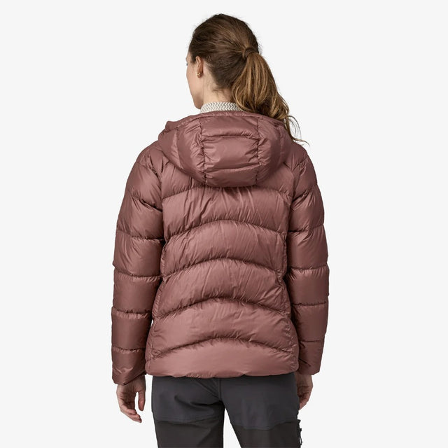 Back on-model view of women's Patagonia Fitz Roy Down Hoody in Dulse Mauve colour