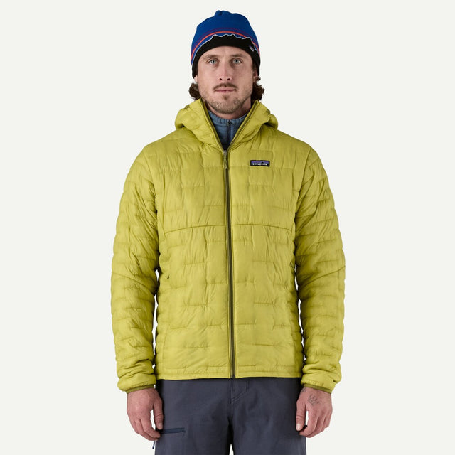 Front on-model view of men's yellow/green Patagonia Micro Puff hoody jacket