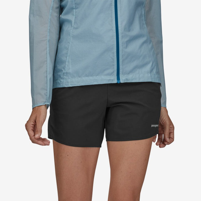 Front on-model view of Women's black patagonia multi trails shorts