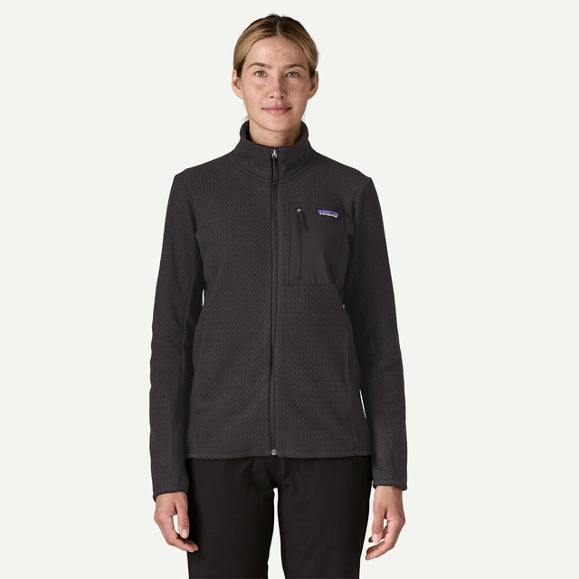 Front on-model view of women's black Patagonia R1 Air fleece jacket