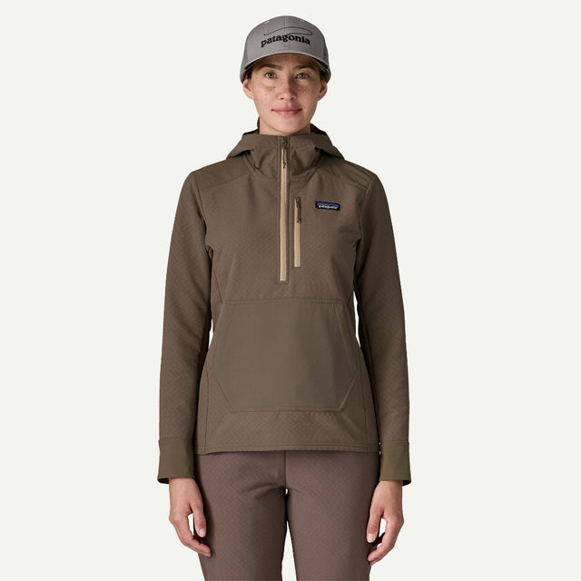 Front on-model view of women's brown Patagonia CrossStrata Pullover