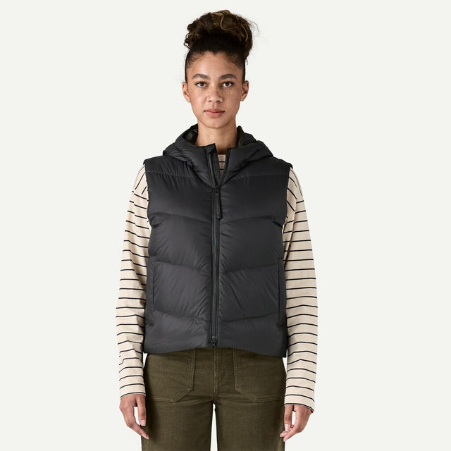 Front on-model view of women's black Patagonia Sindit down vest