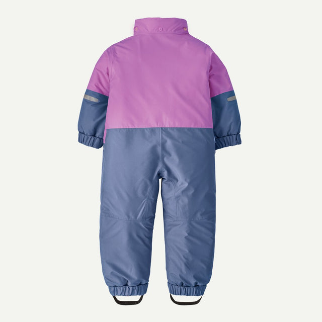 Back view of purple Patagonia baby snow pile one-piece suit