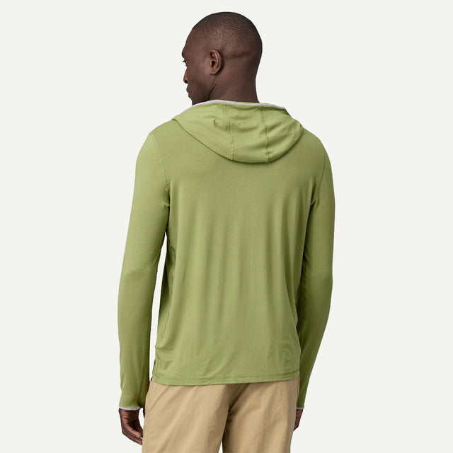 Back on-model view of men's patagonia Tropic Comfort Sun Hoody in buckhorn green colour