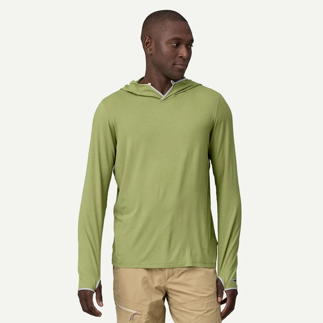 Front on-model view of men's patagonia Tropic Comfort Sun Hoody in buckhorn green colour