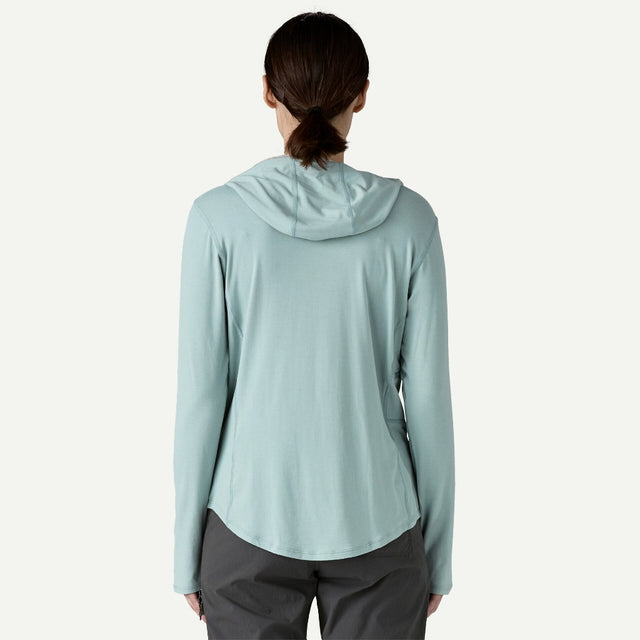 Back on-model view of women's patagonia Tropic Comfort Sun Hoody in thermal blue colour