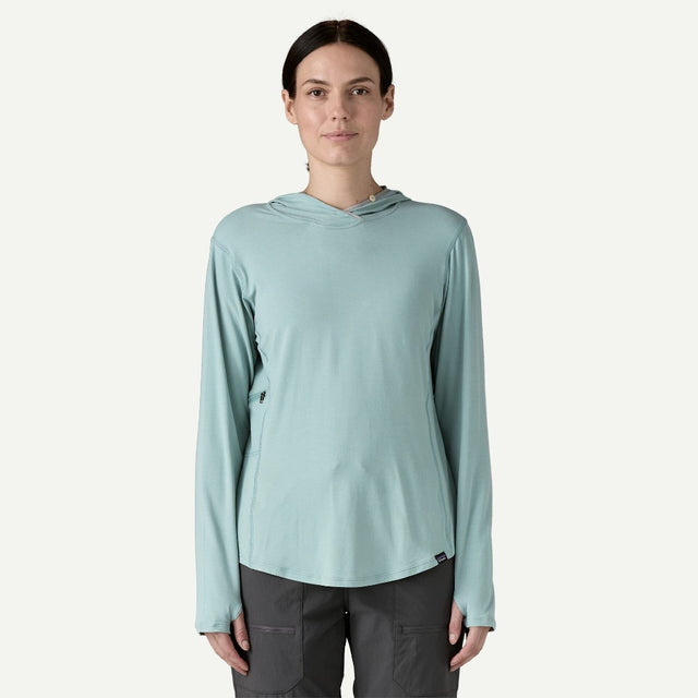 Front on-model view of women's patagonia Tropic Comfort Sun Hoody in thermal blue colour