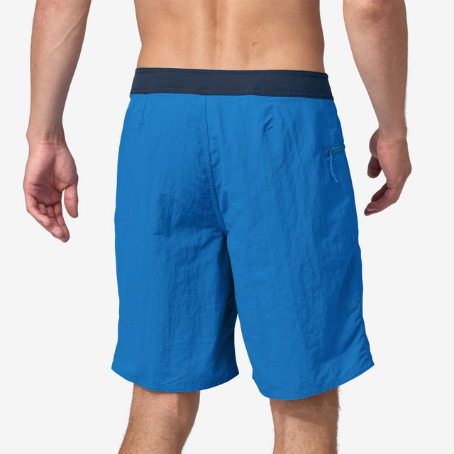 Back on-model view of men's Patagonia Wavefarer Boardshorts in vessel blue