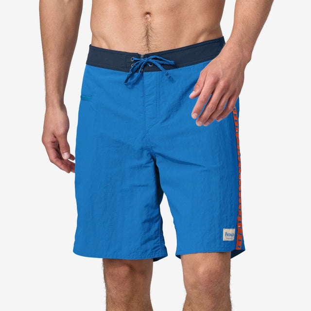 Front on-model view of men's Patagonia Wavefarer Boardshorts in vessel blue