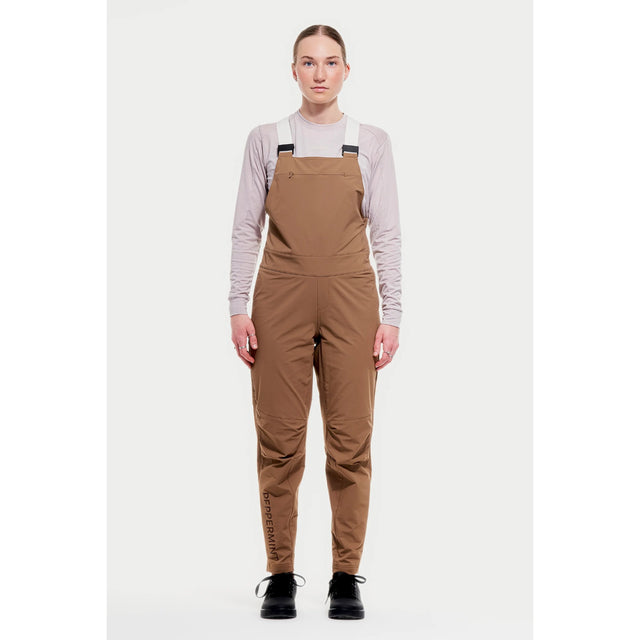 Front on-model view of women's brown Peppermint Cycling overalls