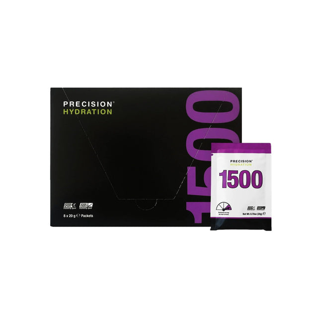 Box of Precision Hydration individual drink mix 1500 packets with one packet out