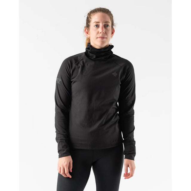 Front on-model view of women's black Rabbit running Cocoon 2.0 long sleeve