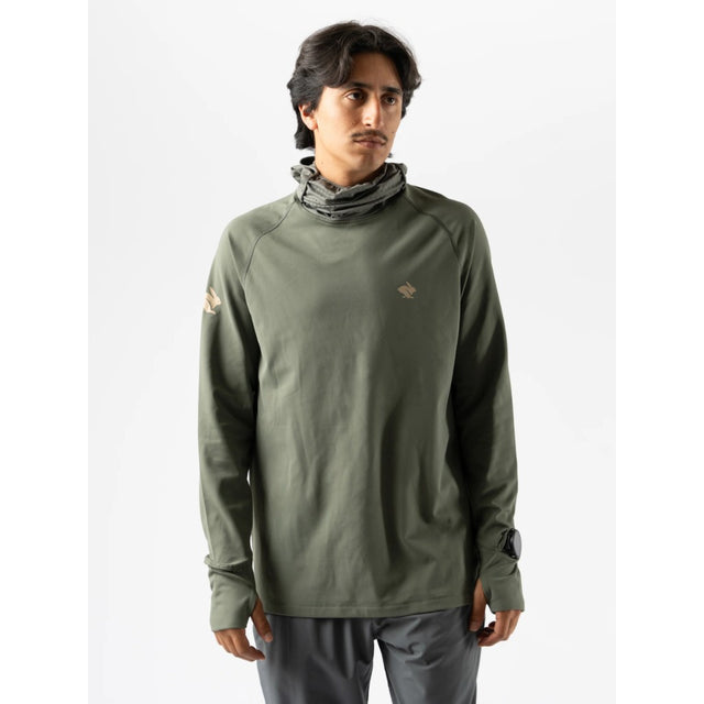 Front on-model view of men's green Rabbit running cocoon 2.0 long sleeve hoody