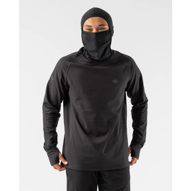 Front on-model mask detail view of men's black Rabbit running cocoon 2.0 long sleeve hoody