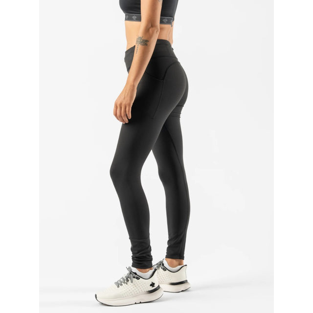 Side on-model view of women's black Rabbit Running Defroster tights