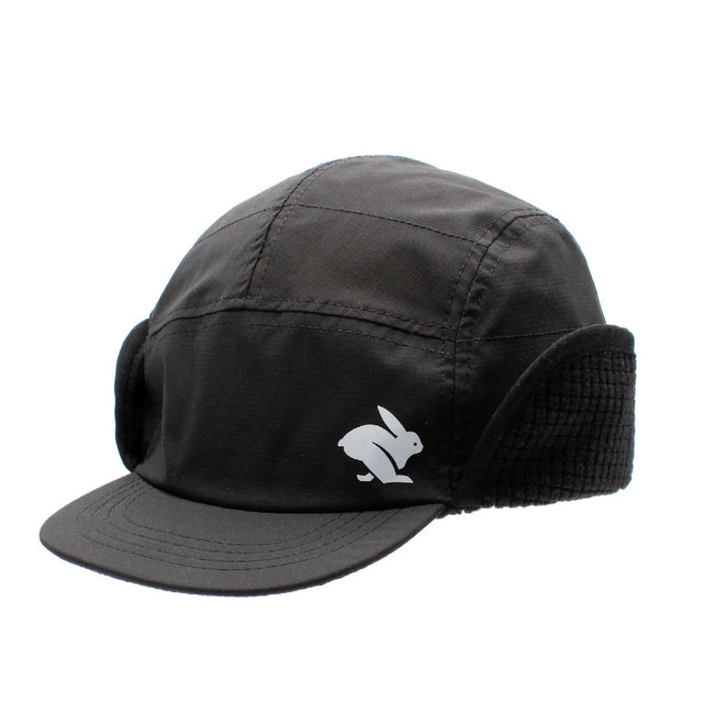 Front view of black Rabbit running Defroster Trapper Hat