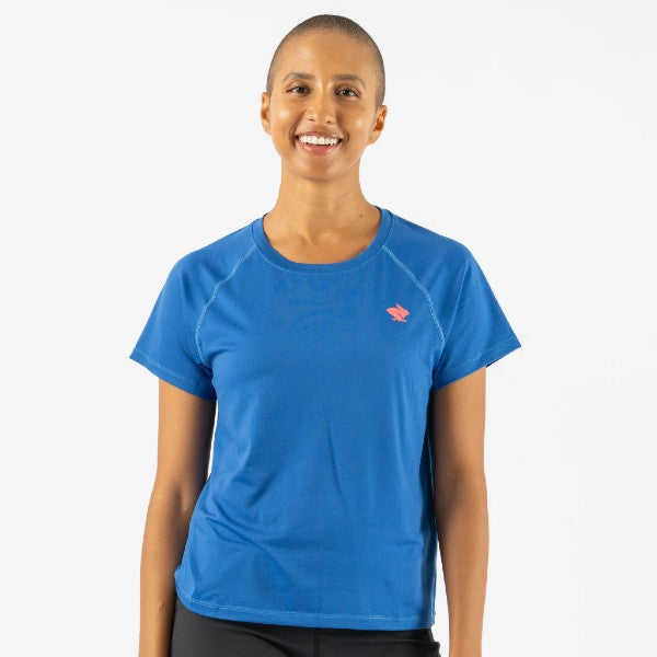 Front view of women's rabbit cropped EZ Tee in classic blue