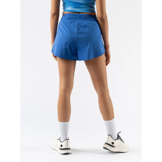 Back view of women's blue rabbit running float n fly shorts