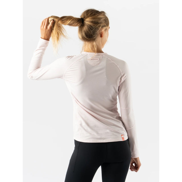 Back on-model view of women's pink rabbit layer one thermal long sleeve