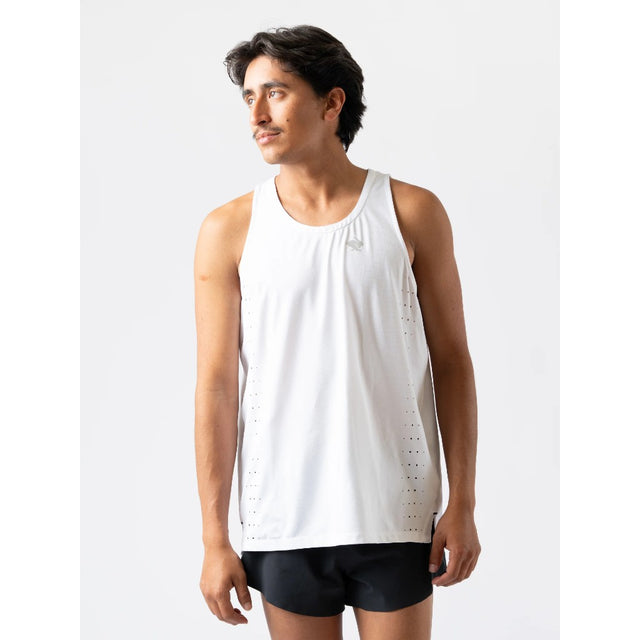Front on-model view of men's white rabbit running race pace tank