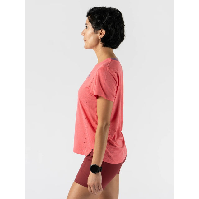 Side view of women's pink rabbit running Race Pace Tee