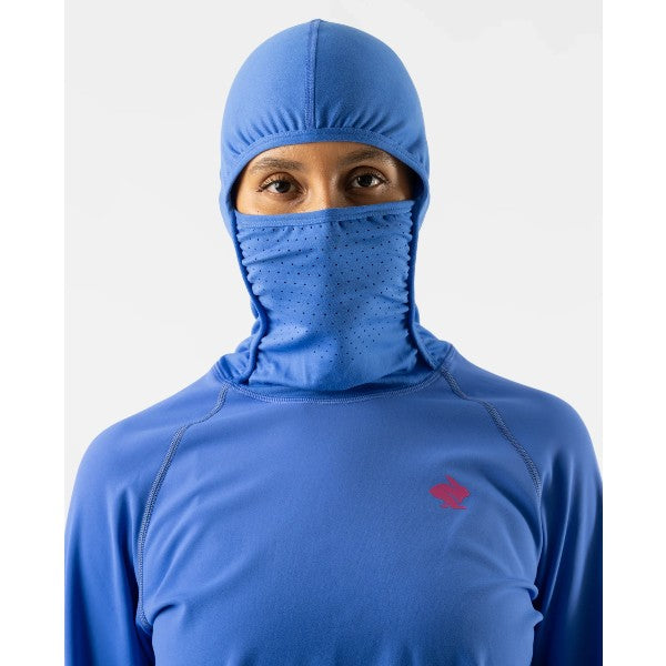 On-model hood/mask view of women's Rabbit running Cocoon 2.0 long sleeve