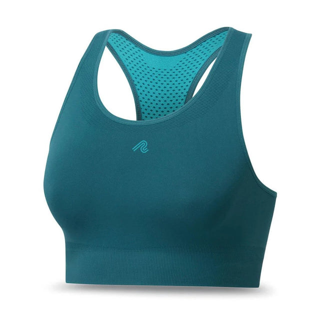 Front view of women's teal runderwear Balance sports bra
