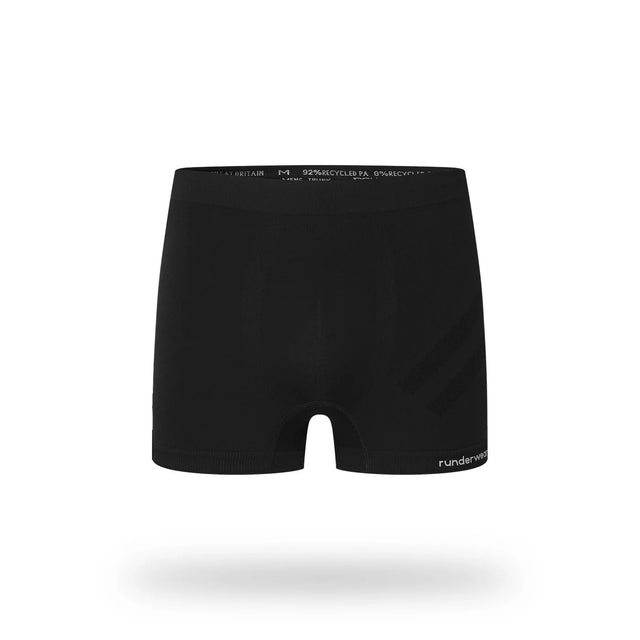 Front view of men's black runderwear running trunks