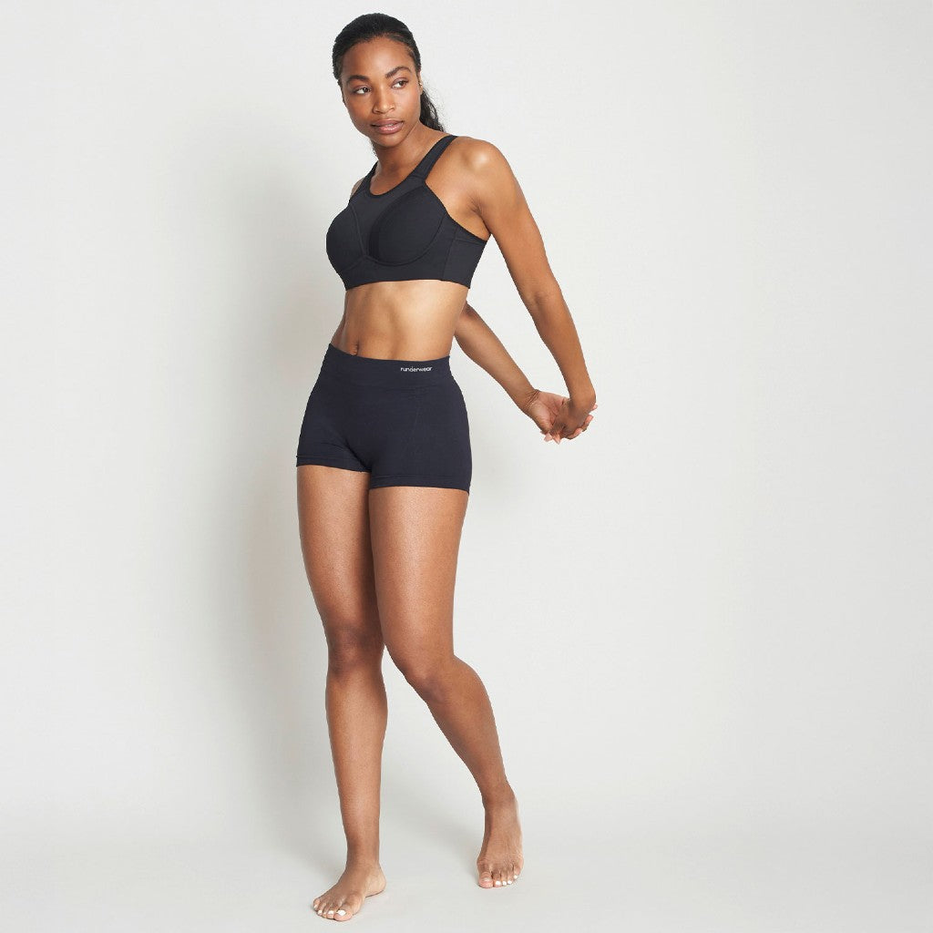 Model wearing women's black runderwear boy shorts