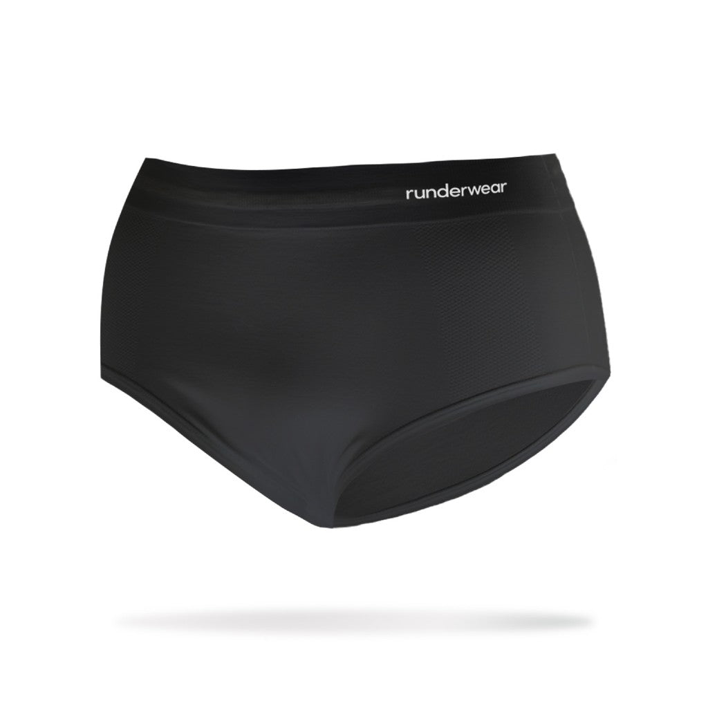 Front view of women's black runderwear running brief