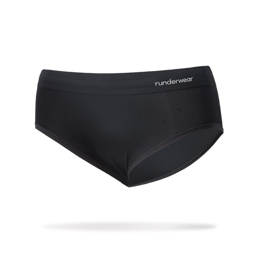 Front view of women's black runderwear hipster