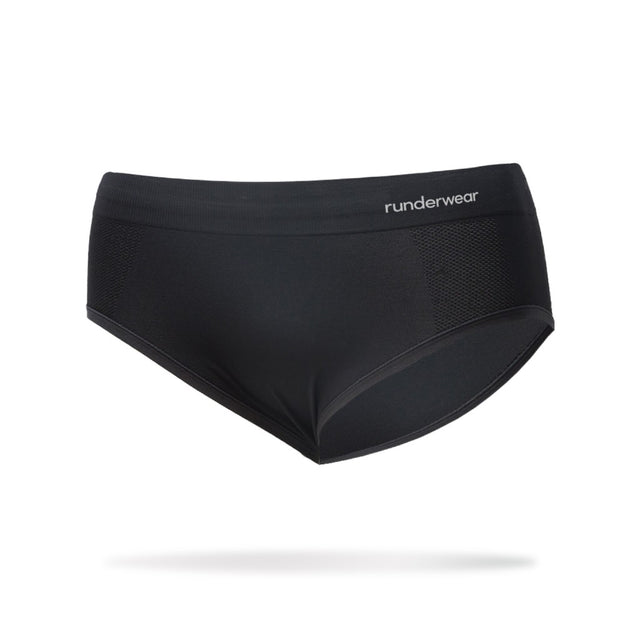 Front view of women's black runderwear hipster