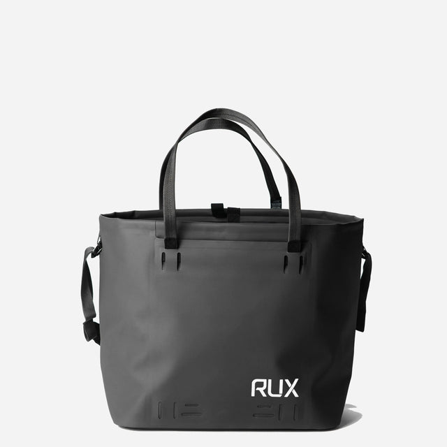 Black RUX waterproof 30L tote bag, straps up