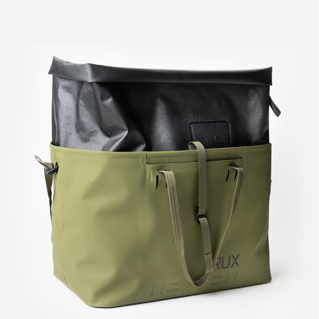 Green RUX waterproof 50L tote bag with roll top showing