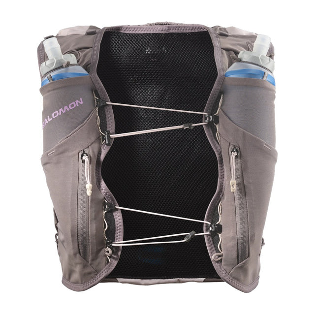 Front view of women's purple/grey Salomon ADV 12 running vest