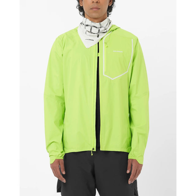 Front on-model view of men's lime green Salomon Bonatti rain jacket
