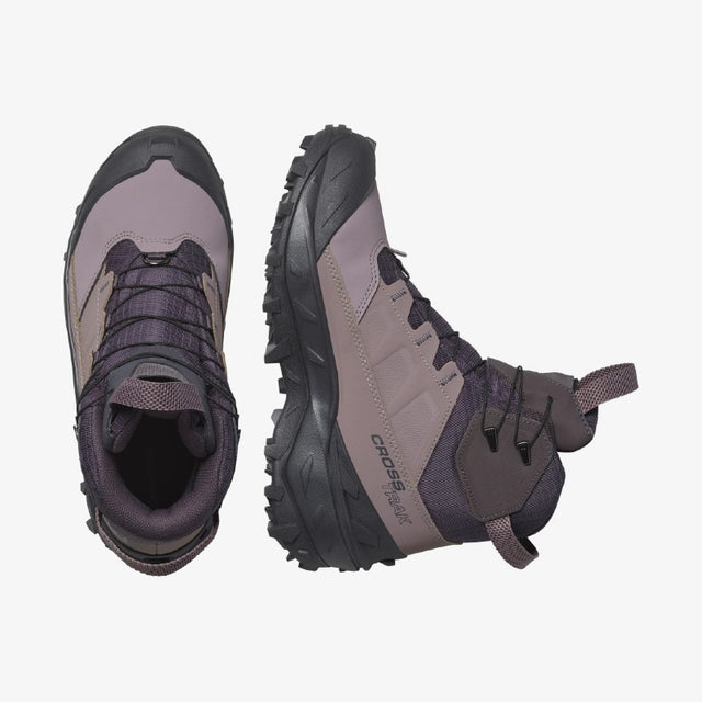 Top and side view of women's Salomon Crosstrak Powder waterproof hiking boots