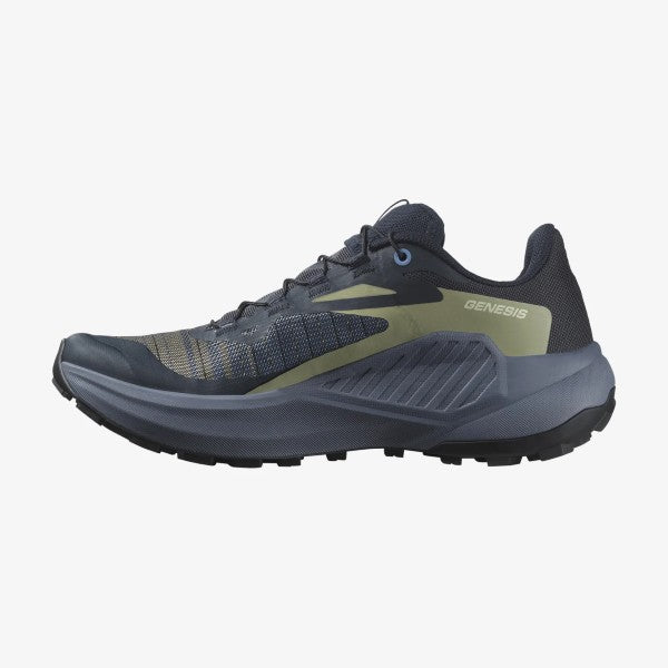 Inner side view of salomong genesis women's trail running shoe in carbon/grisaille/aloe wash colour